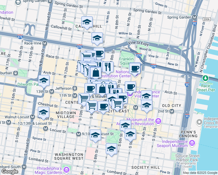 map of restaurants, bars, coffee shops, grocery stores, and more near 43 North 8th Street in Philadelphia