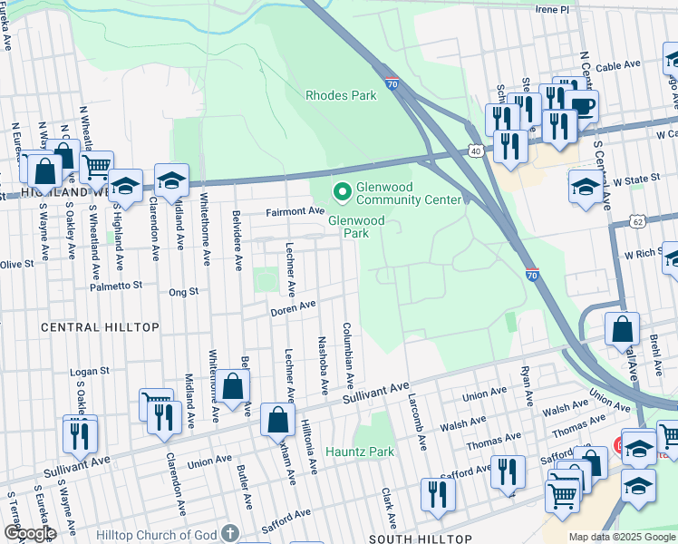 map of restaurants, bars, coffee shops, grocery stores, and more near 171 Columbian Avenue in Columbus