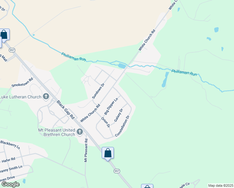 map of restaurants, bars, coffee shops, grocery stores, and more near 2997 Constellation Drive in Chambersburg