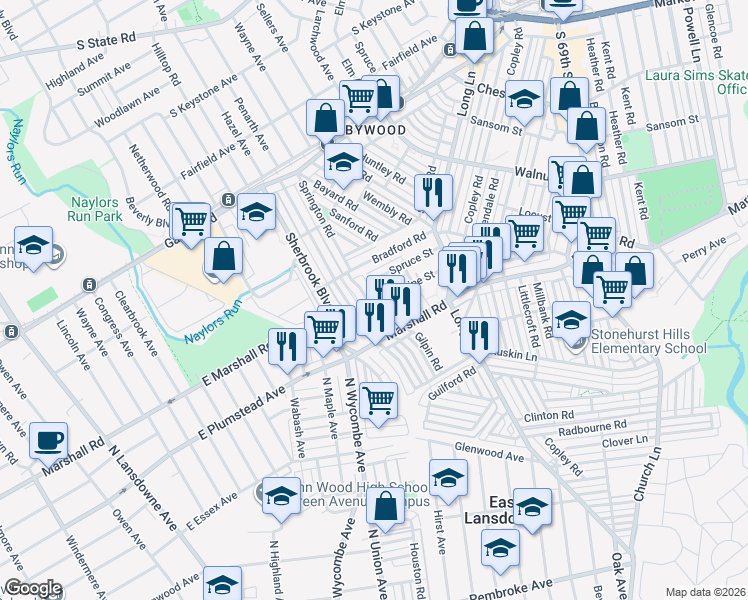 map of restaurants, bars, coffee shops, grocery stores, and more near 151 Springton Road in Delaware County