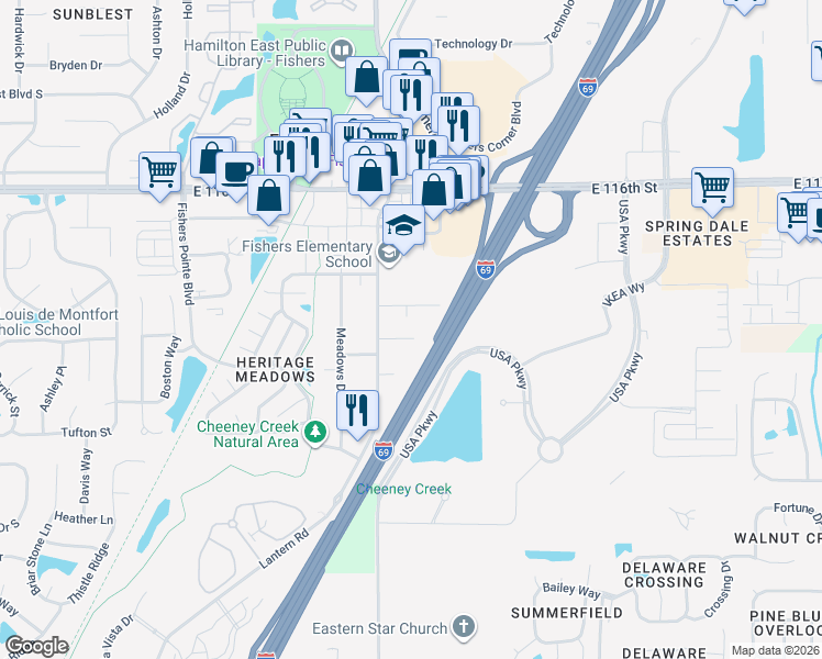 map of restaurants, bars, coffee shops, grocery stores, and more near 8820 Moll Drive in Fishers