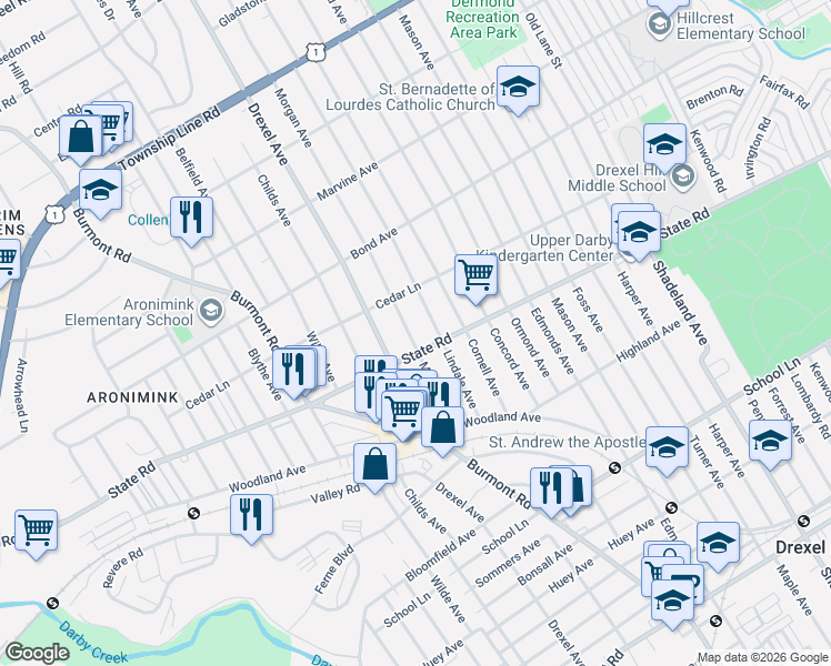 map of restaurants, bars, coffee shops, grocery stores, and more near 819 Morgan Avenue in Drexel Hill