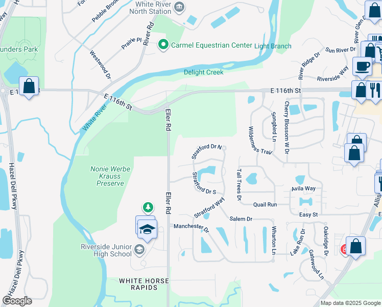 map of restaurants, bars, coffee shops, grocery stores, and more near 11226 Stratford Drive North in Fishers