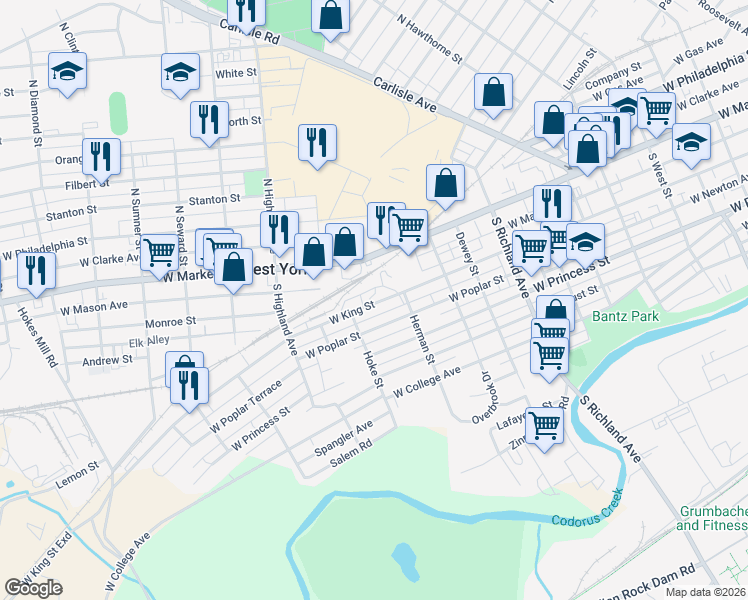 map of restaurants, bars, coffee shops, grocery stores, and more near 1275 West King Street in West York