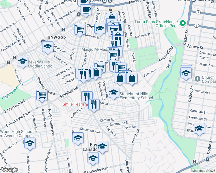 map of restaurants, bars, coffee shops, grocery stores, and more near 442 Woodcliffe Road in Delaware County