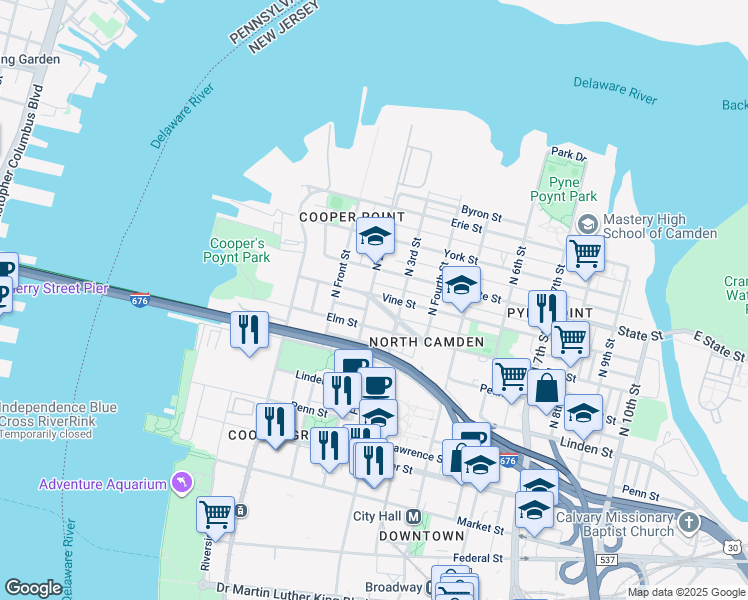 map of restaurants, bars, coffee shops, grocery stores, and more near 214 Vine Street in Camden