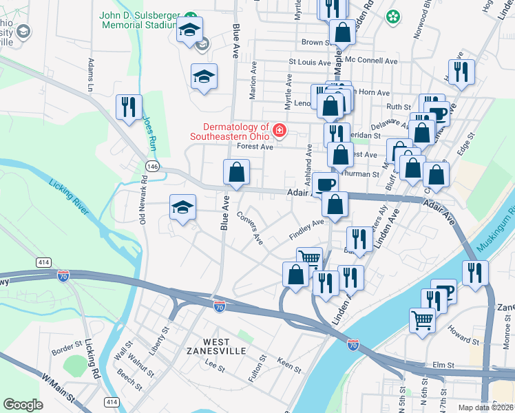 map of restaurants, bars, coffee shops, grocery stores, and more near 1041 Charles Street in Zanesville