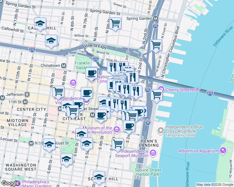 map of restaurants, bars, coffee shops, grocery stores, and more near in Philadelphia