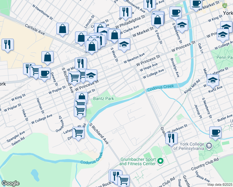map of restaurants, bars, coffee shops, grocery stores, and more near 668 West College Avenue in York