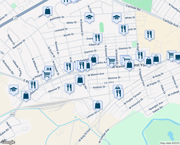 map of restaurants, bars, coffee shops, grocery stores, and more near 1830 West Market Street in York