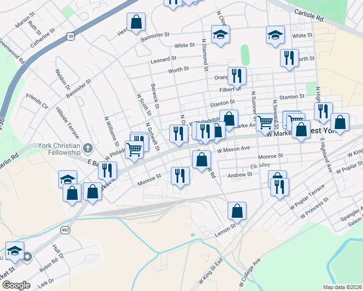 map of restaurants, bars, coffee shops, grocery stores, and more near 2043 Pennsylvania 462 in York