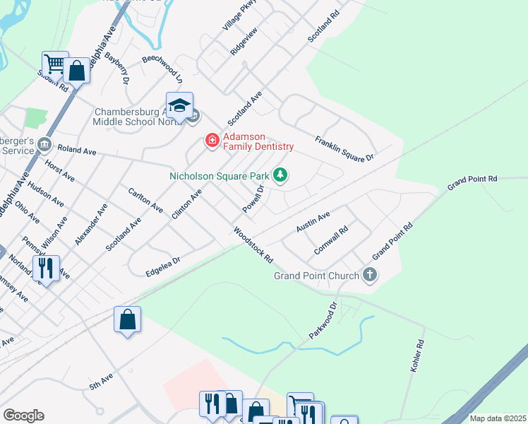 map of restaurants, bars, coffee shops, grocery stores, and more near 1912 Powell Drive in Chambersburg