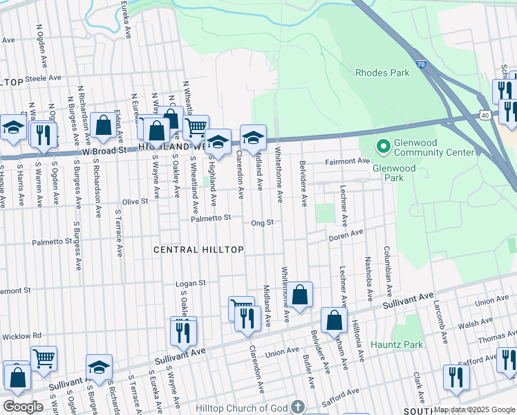 map of restaurants, bars, coffee shops, grocery stores, and more near 147 Midland Avenue in Columbus