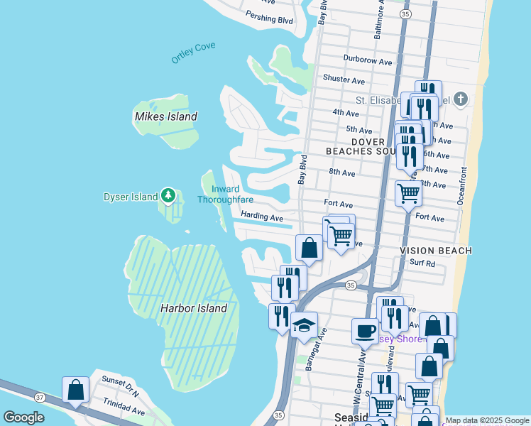 map of restaurants, bars, coffee shops, grocery stores, and more near 424 Harding Avenue in Seaside Heights