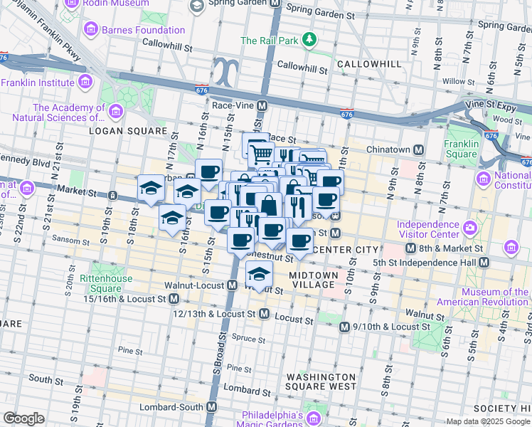 map of restaurants, bars, coffee shops, grocery stores, and more near 1 East Penn Square in Philadelphia