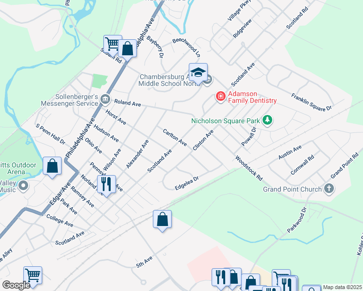 map of restaurants, bars, coffee shops, grocery stores, and more near 1774 Scotland Avenue in Chambersburg