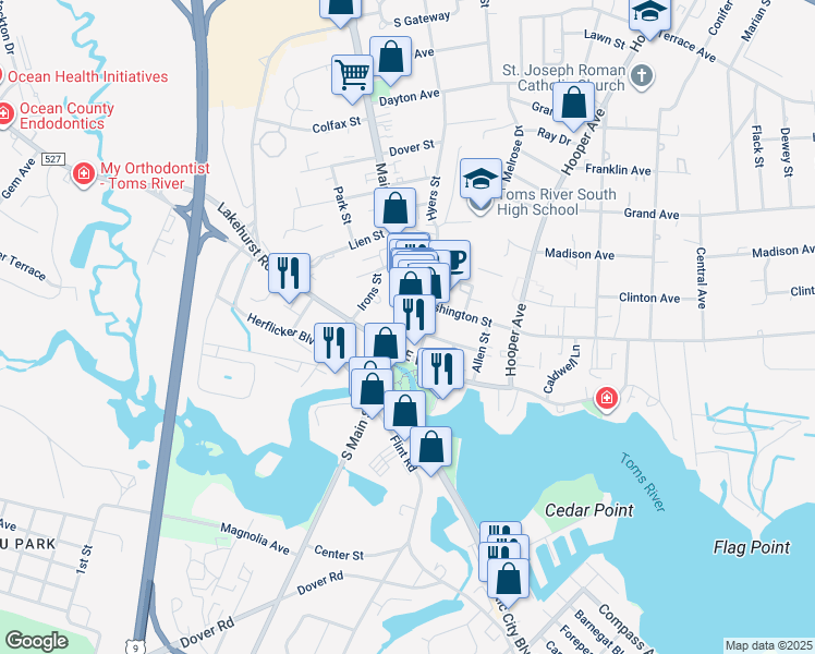 map of restaurants, bars, coffee shops, grocery stores, and more near 22 Robbins Street in Toms River