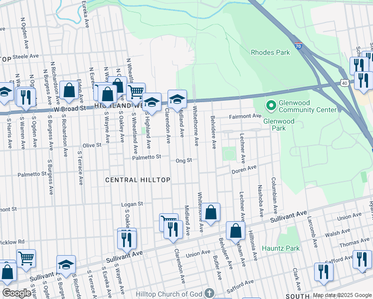 map of restaurants, bars, coffee shops, grocery stores, and more near 150 Midland Avenue in Columbus