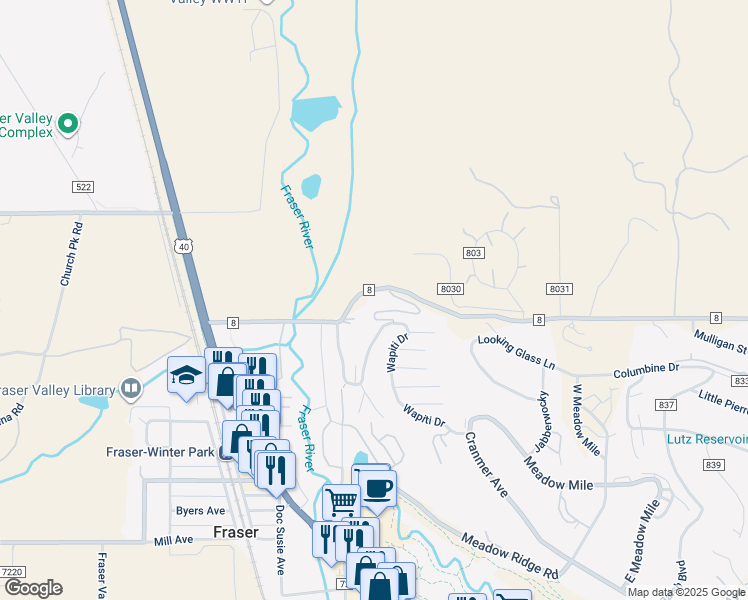 map of restaurants, bars, coffee shops, grocery stores, and more near 200 Fox Run Lane in Fraser