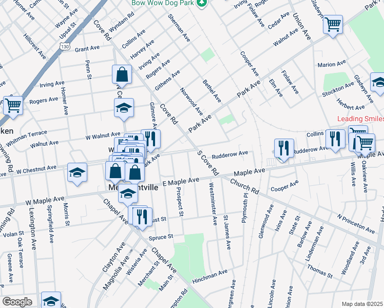 map of restaurants, bars, coffee shops, grocery stores, and more near 2 South Cove Road in Merchantville