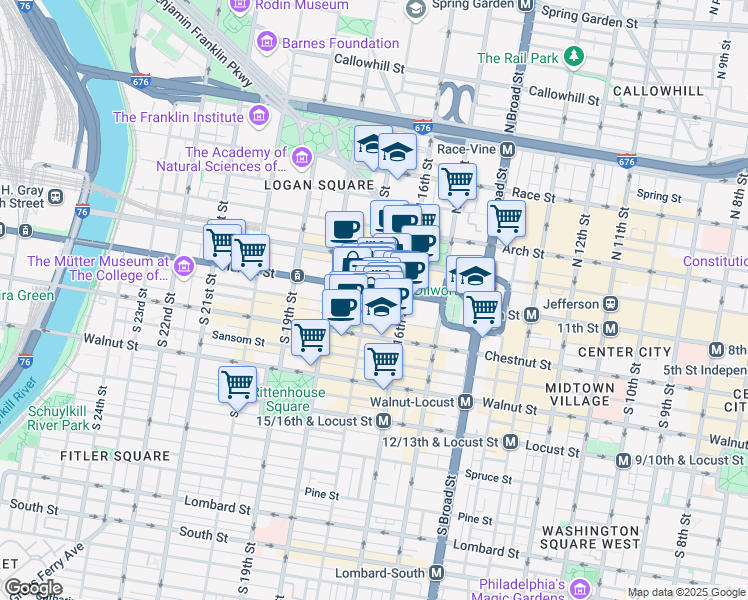 map of restaurants, bars, coffee shops, grocery stores, and more near 1627 Chestnut Street in Philadelphia