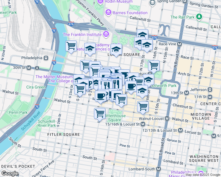 map of restaurants, bars, coffee shops, grocery stores, and more near in Philadelphia