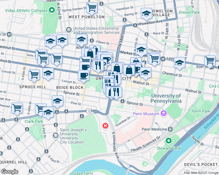 map of restaurants, bars, coffee shops, grocery stores, and more near 3803 Locust Walk in Philadelphia