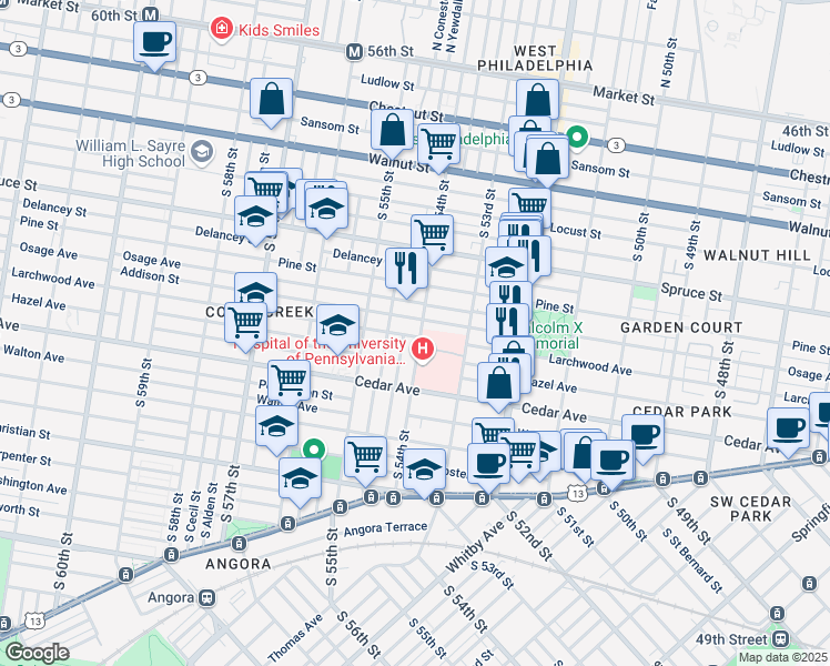 map of restaurants, bars, coffee shops, grocery stores, and more near 5416 Larchwood Avenue in Philadelphia