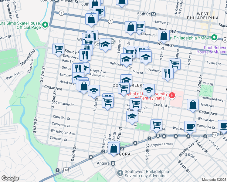 map of restaurants, bars, coffee shops, grocery stores, and more near 5759 Rodman Street in Philadelphia
