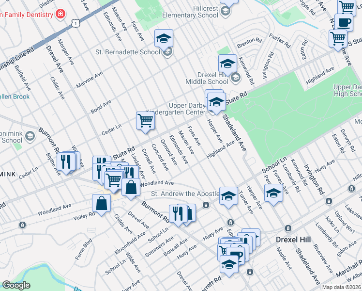 map of restaurants, bars, coffee shops, grocery stores, and more near 730 Mason Avenue in Drexel Hill