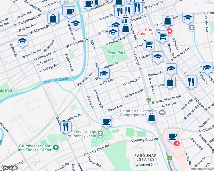 map of restaurants, bars, coffee shops, grocery stores, and more near 229 West Cottage Place in York