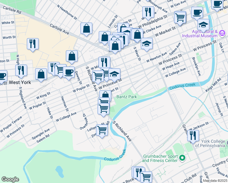 map of restaurants, bars, coffee shops, grocery stores, and more near 836 West Locust Street in York