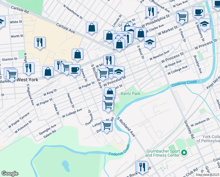 map of restaurants, bars, coffee shops, grocery stores, and more near 942 West Locust Street in York