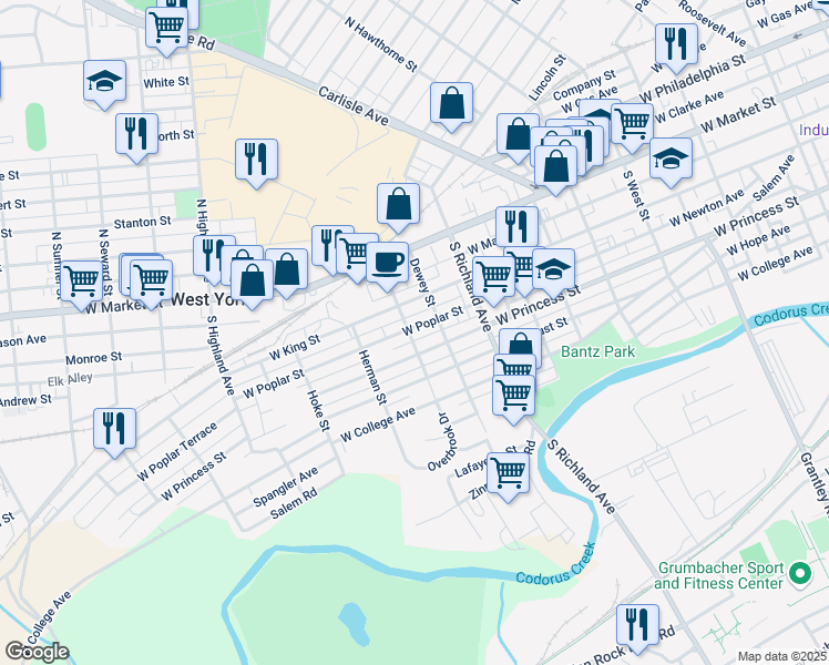 map of restaurants, bars, coffee shops, grocery stores, and more near 1107 West Princess Street in West York