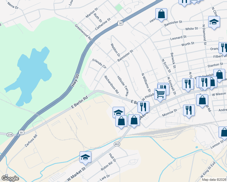 map of restaurants, bars, coffee shops, grocery stores, and more near 320 Richardson Road in York County