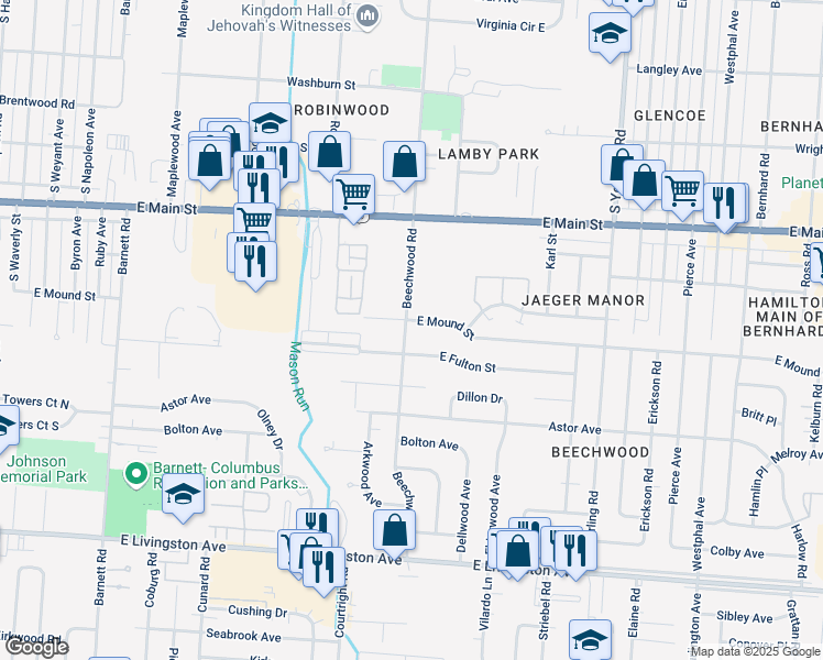 map of restaurants, bars, coffee shops, grocery stores, and more near 1010 Beechwood Road in Columbus