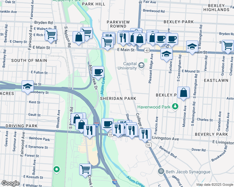 map of restaurants, bars, coffee shops, grocery stores, and more near 778 Sheridan Park Court in Bexley