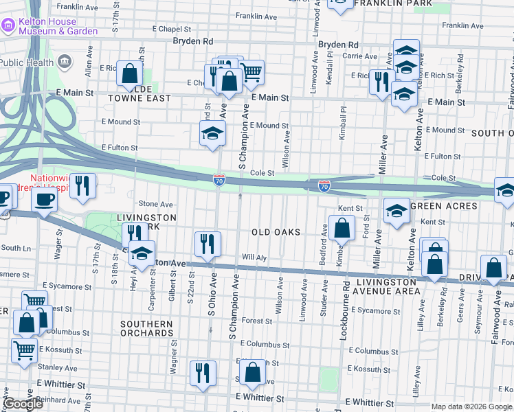 map of restaurants, bars, coffee shops, grocery stores, and more near 632 South Champion Avenue in Columbus