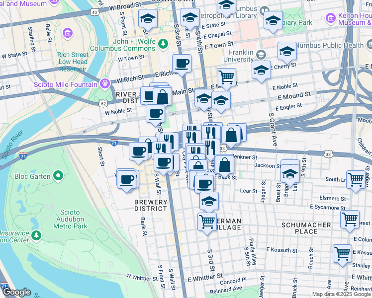 map of restaurants, bars, coffee shops, grocery stores, and more near 486 City Park Avenue in Columbus