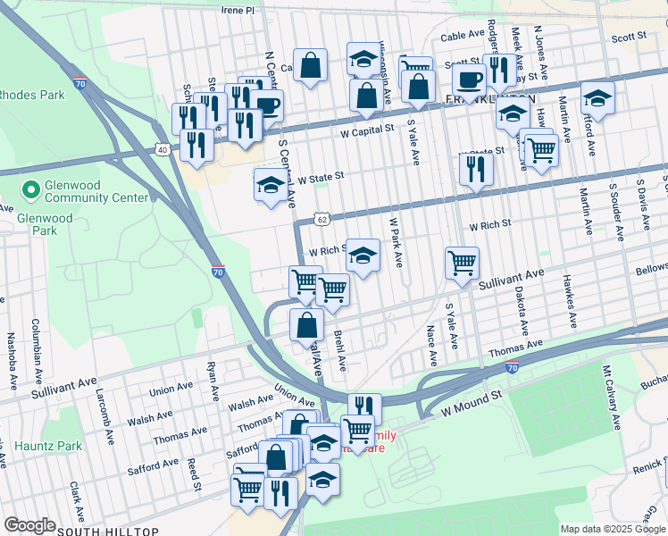 map of restaurants, bars, coffee shops, grocery stores, and more near 266 Brehl Avenue in Columbus