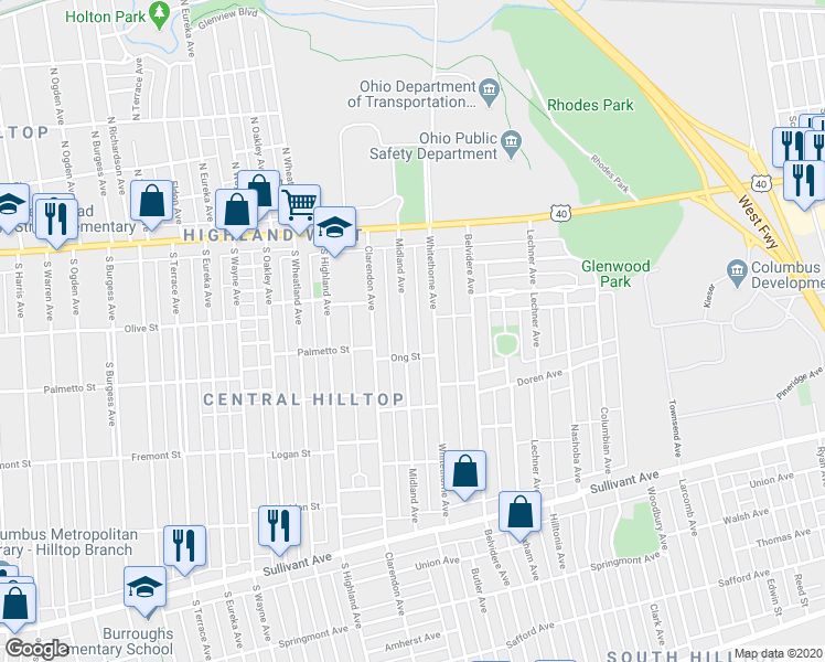 map of restaurants, bars, coffee shops, grocery stores, and more near 147 Midland Avenue in Columbus