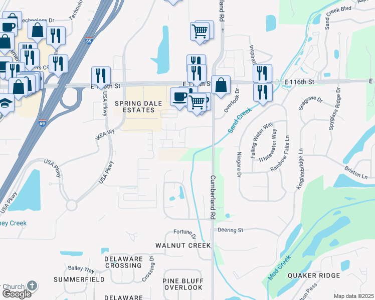 map of restaurants, bars, coffee shops, grocery stores, and more near 9768 Thorne Cliff Way in Fishers
