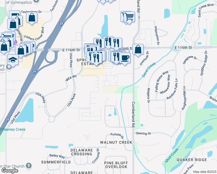 map of restaurants, bars, coffee shops, grocery stores, and more near 11359 Cumberland Road in Fishers