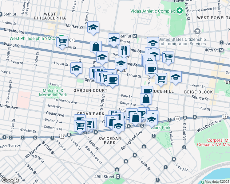 map of restaurants, bars, coffee shops, grocery stores, and more near 4721 Pine Street in Philadelphia