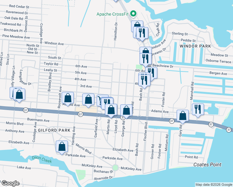 map of restaurants, bars, coffee shops, grocery stores, and more near 2608 2nd Avenue in Toms River