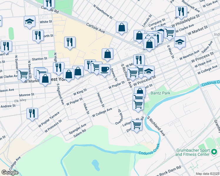 map of restaurants, bars, coffee shops, grocery stores, and more near 1200 West Poplar Street in West York