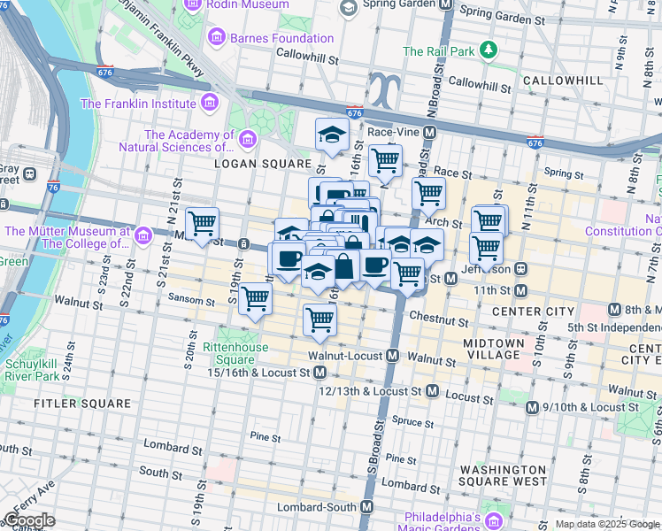 map of restaurants, bars, coffee shops, grocery stores, and more near 1500 Market Street in Philadelphia