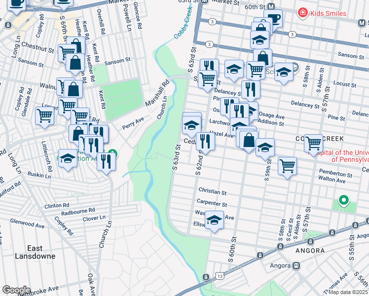 map of restaurants, bars, coffee shops, grocery stores, and more near 6249 Walton Avenue in Philadelphia