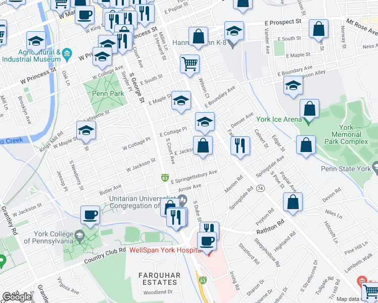 map of restaurants, bars, coffee shops, grocery stores, and more near 114 East Jackson Street in York