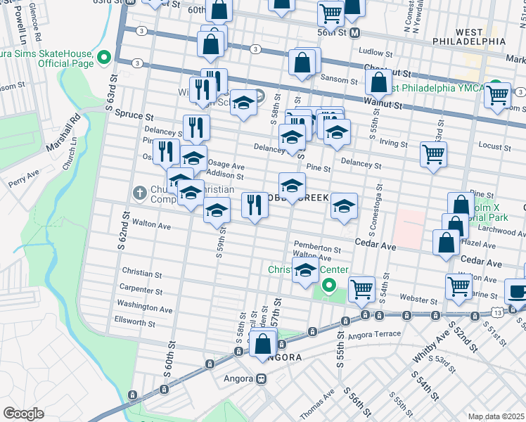 map of restaurants, bars, coffee shops, grocery stores, and more near 5759 Rodman Street in Philadelphia